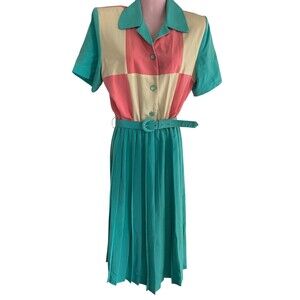 Vintage Nancy II Shirt Dress Womens 10 Colorblock Teal Coral Pleated Belted 80s